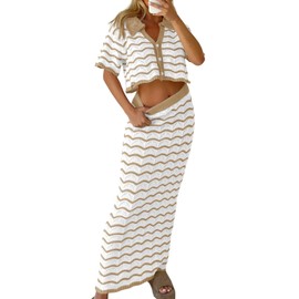 Saodimallsu Women Striped Beach Cover Up Set Button Short Sleeve Collared Crop Top Maxi Skirt Crochet 2 Piece Outfits Camel