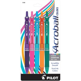 Pilot Acroball Colors Retractable Hybrid Gel Ball Point Pens, Medium Point, Purple/Pink/Turquoise/Orange/Green, 5-Pack -31808