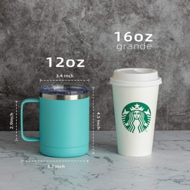 MEWAY - Taza de café de 12 oz con asa, paquete de 2 a granel, vasos de viaje aislados de acero inoxidable con tapa deslizante, taza de camping al vacío de doble pared (Verde claro, Juego de 2)