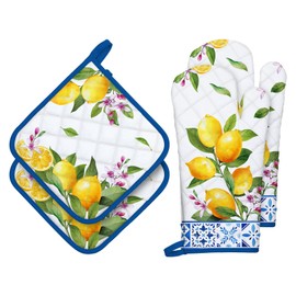 Arquiel Summer Lemon Oven Mitts and Pot Holders Sets 4Pcs, 100% Cotton Heat Resistant, Extra Long Oven Gloves Potholder for Kitchen Cooking Baking Decoration