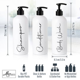 Alora 32oz Reusable Shampoo and Conditioner Bottles - Set of 3 - Permanent Stylish Labels - Pump Bottle Dispenser for Shampoo, Conditioner, Body Wash - Empty Plastic Refillable Containers for Shower