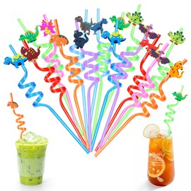 Pack of 16 Colourful Curly Straws, Reusable Twisted Straws, BPA-Free Crazy Straws, Plastic Birthday Party Straws, Dinosaur Party Straws, Funny Drinking Straws for Children