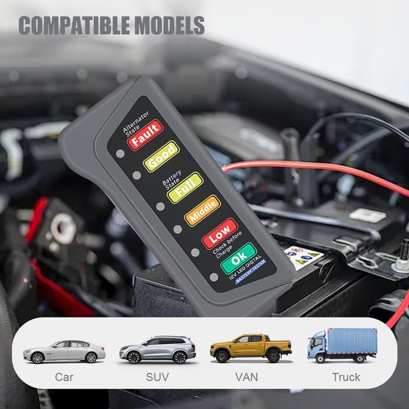 12V Car Battery Alternator Tester with 6 LED Indicator, Automotive