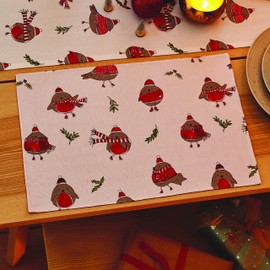 Catherine Lansfield Dining Christmas Robins Cotton 30x46 cm Placemat Pair White Red