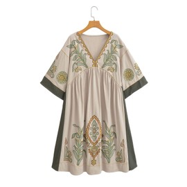 Joiemont Womens Oversized Floral Embroidered Long Dress with V-Neck and 3/4 Sleeves Vintage Embroidery Babydoll Dress(0652-Olive-L)