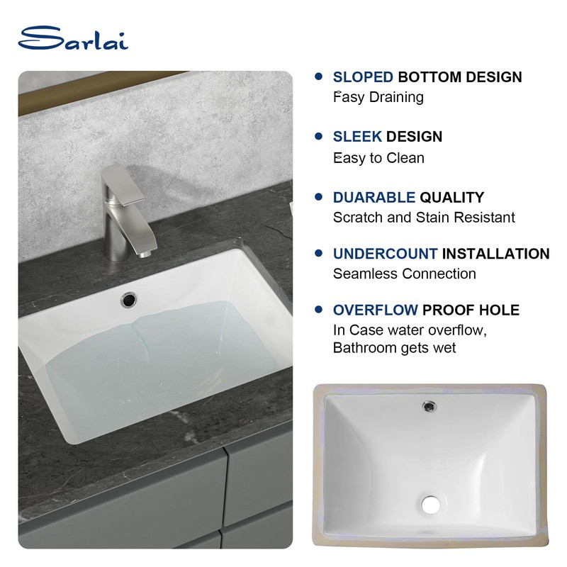 Sarlai Bathroom Sink Undermount - 18.5" Pure White Rectangle Undermount