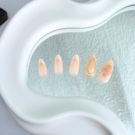 Summer French Tip Press on Nails Medium Almond Fake Nails with Flower Designs 3D Gold Gel Glue on Nails Reusable Artificial Nails Press ons Glossy Full Cover Stick on Nails for Women