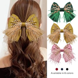 CROWN GUIDE Large Hair Bows Clips for Women Girls Silk Satin Hair Barrettes, Feather Coquette Bows Hair Ties Ribbon Bow Claw Clip Hair Accessories with Pearl Crystal Yellow