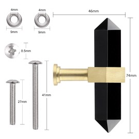 Amogeeli 2pcs Faceted Black Obsidian Stone Cabinet Knobs with Screws, T Bar Brushed Brass Decorative Crystal Drawer Pull Handles Set for Closet Dresser Cupboard