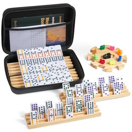 Mexican Train Double 12 Dominoes Set with 4 Wooden Trays/Racks in Portable Carrying Case Colorful 91 Tiles & 9 Trains Board Game for Family Game Night