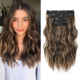 NTYNTY Hair Extensions, 14" Short Clip in Hair Extensions 4PCS Beach Wave Blonde Natural Soft Synthetic Hairpiece for Women - Chocolate Brown with Highlights