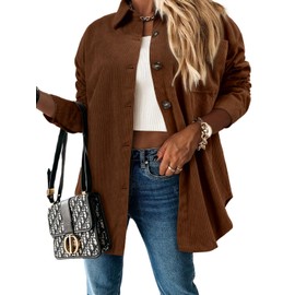 ZOLUCKY Womens Corduroy Shacket Long Sleeve Button Down Shirts Casual Boyfriend Shacket Jacket, Brown XL