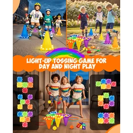 Eocolz 49PCS Carnival Games Outdoor Combo Set for Kids with LED Light, Plastic Cones Obstacle Course Bean Bags Balls Ring Toss Game Egg and Spoon Race Lawn Game, Gift for Birthday Party/Xmas/Easter