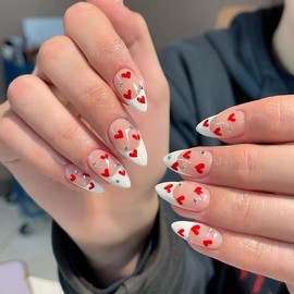 French Tip Press on Nails Pointed Medium Red Heart Fake Nails with Rhinestone Exquisite Design Glossy Full Cover Artificial False Nails with Glue on Nails Valentine's Day Acrylic Nails for Women 24PCS