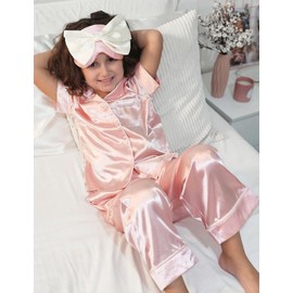 Arshiner Girls Pajamas Silk Satin Button Down Pjs 2 Piece Short Sleeve Sleepwear Set Lotus Root Pink 7-8 Years
