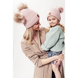ELIMELI Parent-Child Hat Girls Warm Winter Hat for Mother and Daughter Hat Women's Winter with Two Pompoms Slouch Knitted Beanie Women's Bobble Hat Children Mum and Baby Cap Set 3, pink