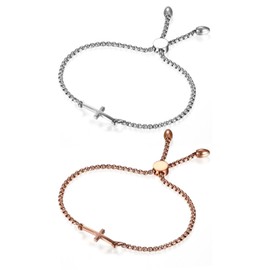 Flongo Stainless Steel Bracelet Chain Adjustable Necklace Rose Gold Cross Crucifix Charm Elegant Adjustable Women's Bracelet Women's Bangle Necklace, Stainless Steel