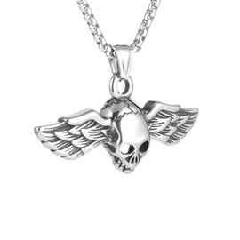 Men'S Gothic Punk Hip-Hop Rock Angel Wings Skull Pendant Necklace, 316L Stainless Steel Material, Silver Stainless Steel Square Pearl Chain, Vintage Jewelry