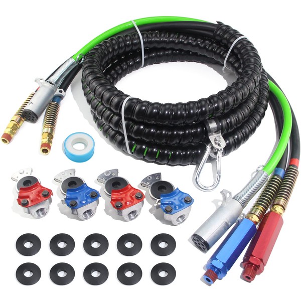 GREPSPUD 15 Ft Truck 3 in 1 Air Line Hose Kit Heavy Duty 3in1 Wrap 7 Way ABS Power Cord Airlines Assembly with Service Emergency Glad Hands Rubber Seals & Teflon Tape for Semi Trucks Tractor Trailer