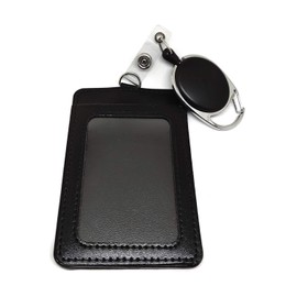 Wumio Pass Case with Reel, Black, Maximum 23.6 inches (60 cm), Extendable, ID Card Holder, IC Card, Name, Leather, Work, School, Train, Strap, Thin