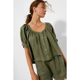 VAOYIU Women's Casual Elegance Two-Piece Linen Outfit Set with Scalloped Hem Summer Round Neck Puff Short Sleeve Top (Green-XL)