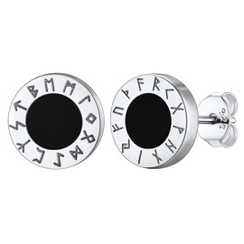 FaithHeart Black Onyx Stud Earrings, Sterling Silver Viking Runes Earring, Dainty Silver Earrings Studs for Women Ladies