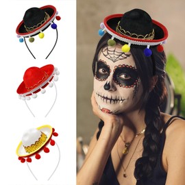 Yzpacc Set of 6 Cinco de Mayo Straw Sombrero Headband Fabric Party Hats with Ball Fringe Decoration for Fiesta Hat Party Accessories, Dia de Muertos, Mexican Theme Decorations Party Accessories (style