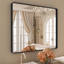 ISTRIPMF Black Mirror for Bathroom 40x32 Inch,Black Metal Frame Vanity Mirror for Wall,Rounded Corner Rectangle Matte Black Mirror,Tempered Glass,Anti-Rust (Horizontal/Vertical)