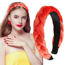 BETESSIN Velvet Headband Dirndl Braided Headband Wide Hair Band Vintage Padded Headband Rockabilly Costume Hair Accessories Headband for Women and Girls Orange