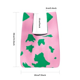 ANIMQUE Women Crochet Tote Bag Knitted Gift Bag Cute Milk Cow Pattern Sleeve Knot Bag Small Portable Purse Tote, Cow Pink Green