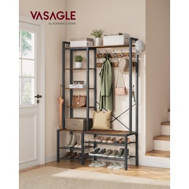 VASAGLE Hall Tree with Bench and Shoe Storage, Entryway Coat Rack with Shoe Bench, 5 Storage Shelves, 9 Coat Hooks, 6 Side Hooks, 15.7 x 47.2 x 74.8 Inches, Rustic Brown and Ink Black UHSR426B01