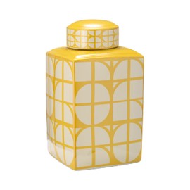 16" Square Jar with Lid - Ceramic Yellow and White Retro Geometric Design Stoneware - Decorative Jar for Home or Office Accent