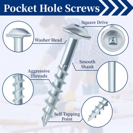Pocket Hole Screws 1-1/4 Inch, Goobetter Pocket Screws #8 X 1-1/4" 600 Pcs, Washer Head with Square Drive, Coarse Thread Wood Screws, Zinc Plated, for Indoor Use, 100MM Drive Bit Included