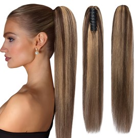 Elailite Claw on Ponytail Extension Real Human Hair Clip Natural HairPiece Straight (#4/27 Medium Brown Mix Dark Blonde, 14 Inch)