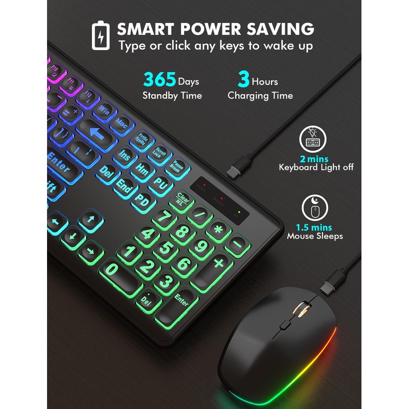 Wireless Keyboard and Mouse Combo - Large Print, RGB Backlit,