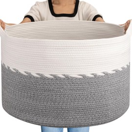 OIAHOMY 125L Extra Large Blanket Basket, 25" x 16", Jumbo Laundry Hamper, Cotton Rope Basket with Handles for Living Room,Baby Toy Basket for Storage, Grey