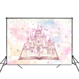 Fitumiw Princess Castle Backdrop 7x5ft Watercolor Pastel Rainbow Birthday Party Decorations Background for Girls Dreamy Fairy Tale Story Book Banner Photo Booth Props