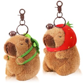 Adorlynetty 2 Pcs Capybara Keychain Capybara Stuffed Animal Cute Capybara Plush Keychain Soft Capybara Bag Pendant Party Favor Gifts Toys for Kids(Turtle Bag or Strawberry Hood)