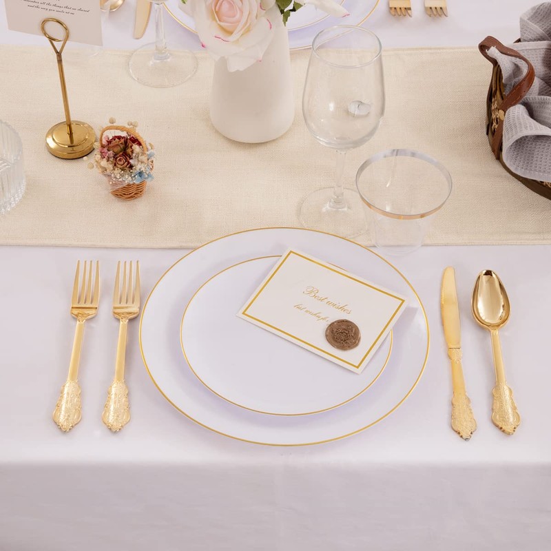 KIRE 100PCS Gold Plastic Plates - White Disposable Plates with