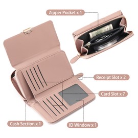 GOIACII Women's Purse Medium Large Capacity PU Leather Purse Women's Many Compartments with 9 Card Slots and Zip Coin Pocket Wallet Women, Lotus root powder paint, Modern