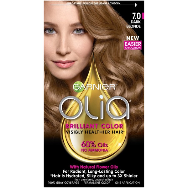 Garnier Olia Ammonia Free Permanent Hair Color, 100 Percent Gray Coverage (Packaging May Vary), 7.0 Dark Blonde, Pack of 1