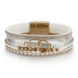 LSxAB Multi-Layer White Leather Wrap Bracelet for Women Gold Tone Colorful Bohemian Braided Wristbands Bracelets
