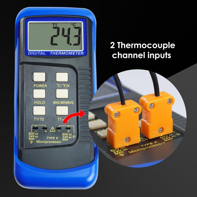 Handheld Digital K-Type Thermometer with Two Channels and Two Thermocouples,