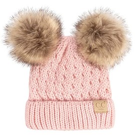 Funky Junque Girls Hat Kids Beanie Double Pom - Pale Pink/Faux Fur Poms