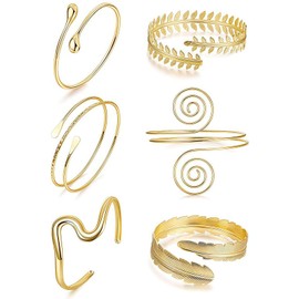 LunarCharm 6-teiliges Oberarm Armbänder für Damen, offenes Oberarmband, verstellbares Boho Armmanschetten-Armband, minimalistisches Spiralblatt-Armband-Set