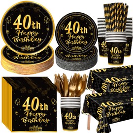 Funnymoom 452 Pcs 40th Birthday Party Decorations Set for Men Women, Black and Gold Happy 40th Birthday Paper Plates Napkins Cups Tablecloth Cutlery Straws for Cheers to 40 Years Anniversary Party