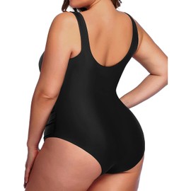 Daci - Traje de baño de una pieza para mujer, talla grande, con control de abdomen, fruncido, con espalda en U, Negro -, X-Large