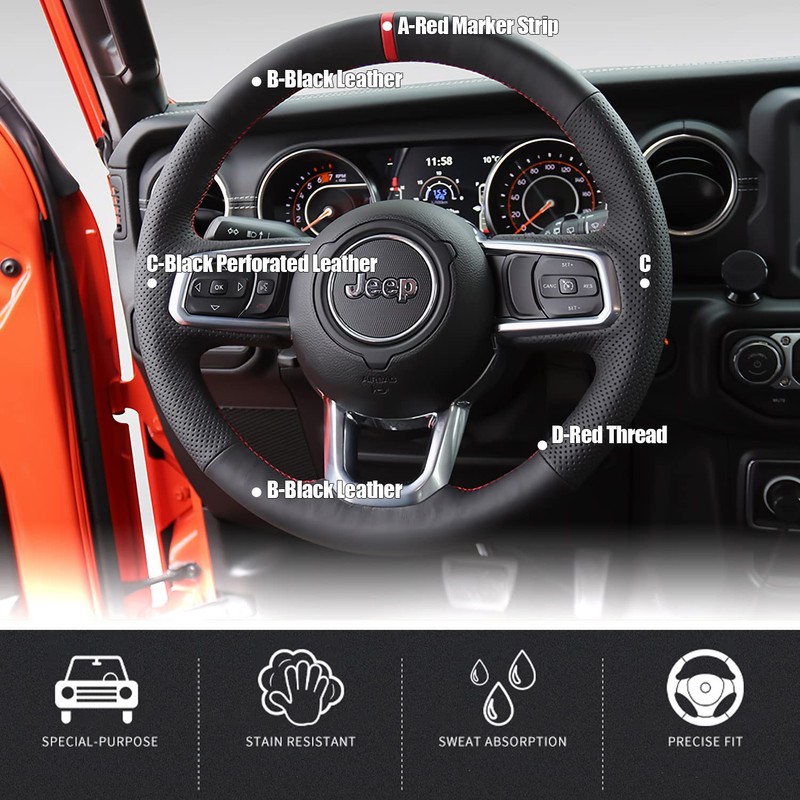 Black Side Perforated Leather Red Marker Steering Wheel Protector Cover