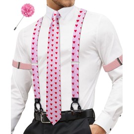 YOHOWA Valentine's Day Suspenders for Men with Ties Handkerchief Cufflinks Lapel Pin Armband 4 Clips X-Back Wedding Party Prom