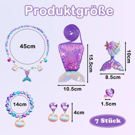 Pack of 7 Mermaid Jewellery, Mermaid Girls Bag Necklace Earrings Bracelet Rings Hair Clip, Children's Jewellery Mermaid Jewellery Girls, Mermaid Accessories for Party Dress Up Gift, Synthesis, No